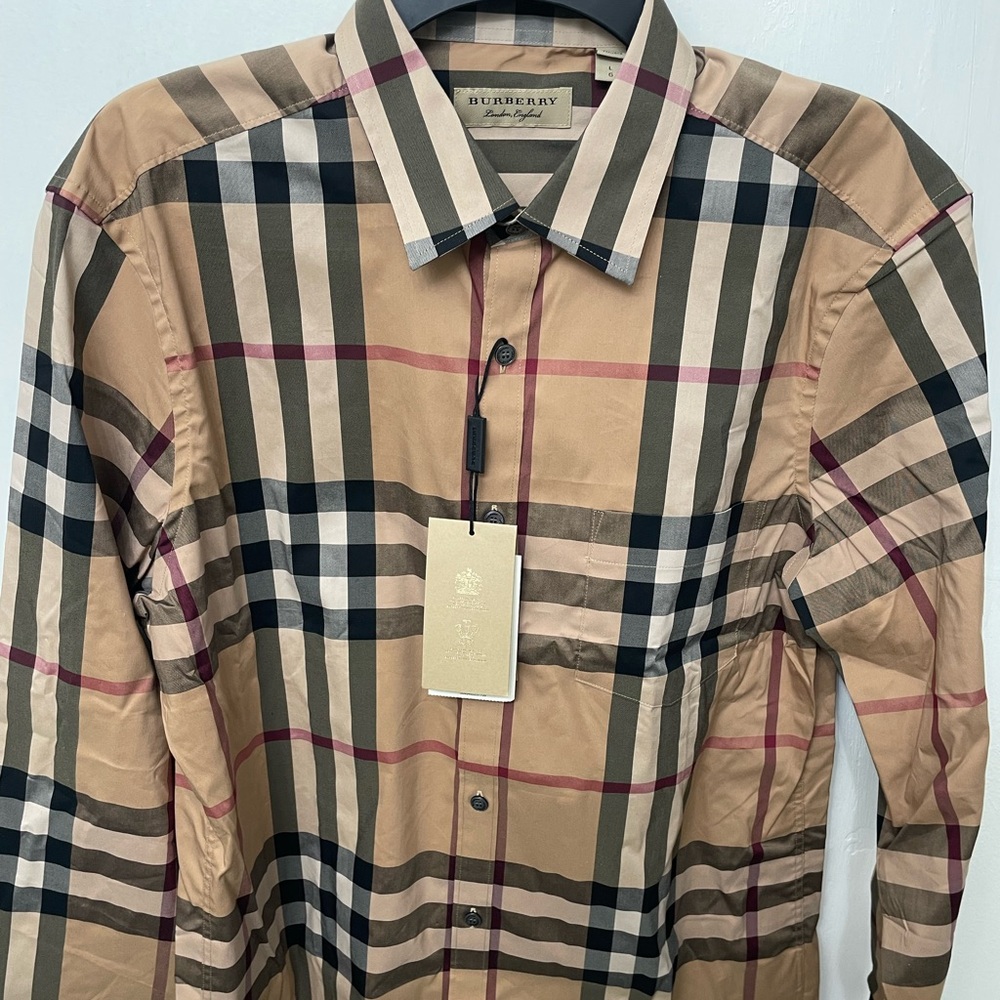 Burberry London Button Down Authentic Mens Camel Stretch Shirt Large NEW $500+